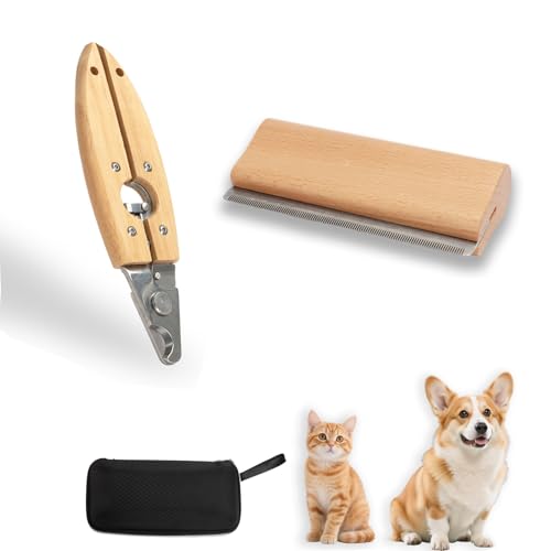Dog Comb for Shedding Kit 2-in-1 Wooden Grooming Shedding Brush for Dogs &amp; Cats Pet Hair Removal Tool with Ergonomic Gripping Pet Cleaning Comb Supplies 5 Inch (Includes storage box)