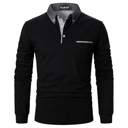 YCUEUST Coton Homme Col Chemise Treillis Manche Longue Polo Casual Basic Tennis Golf T-Shirt Noir XL