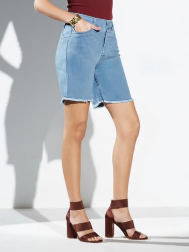 Image of Miss Chase Women's White Regular High Rise Clean Look Regular Stretchable Denim Shorts