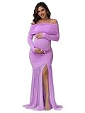JustVH Maternity Long Sleeve Off Shoulder Baby Shower Dress Party Mesh Paneled Split Maxi Photography Gown for Photoshoot Purple