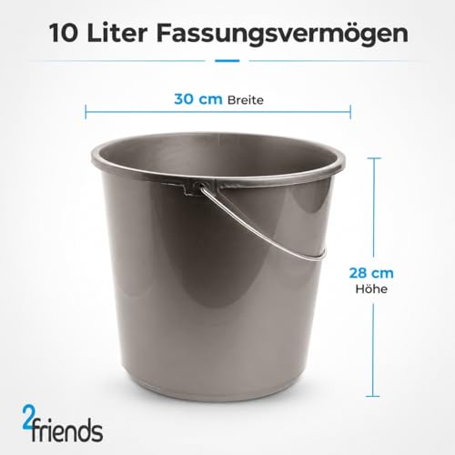2friends Putzeimer 10l Haushalteimer, Eimer 3er Set, Wischeimer mit Meßskala und Metallgriff, Putzkübel aus Kunststoff, Plastikeimer ohne BPA, Wascheimer grau, vielseitig und robust, Made in EU