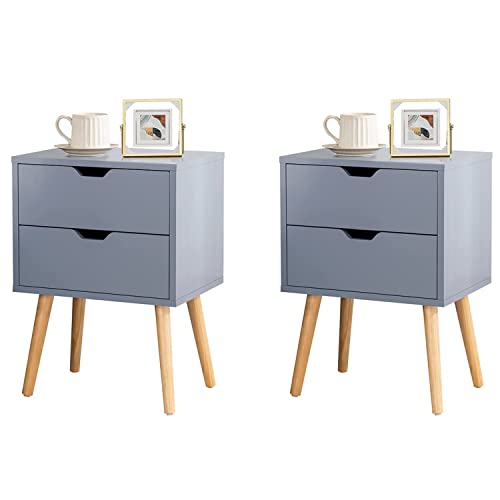 End Side Table Nightstand with Storage Drawer - Fashion Modern Assemble Storage Cabinet Bedroom Bedside - Solid Wood Legs Living Room Bedroom Furniture - Double Drawer Nightstand (Grey)