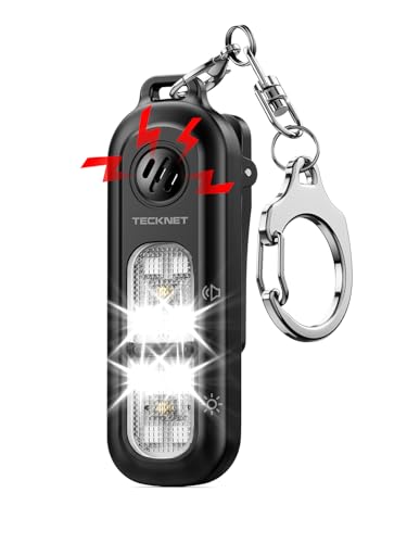 TECKNET 135dB Personal Alarms for Women with SOS Strobe Light, Rechargeable Clip On Torch & IPX4 Waterproof Running Lights, Safety Siren Panic Alarm with Keychain for Runners Kids and Elderly - Black