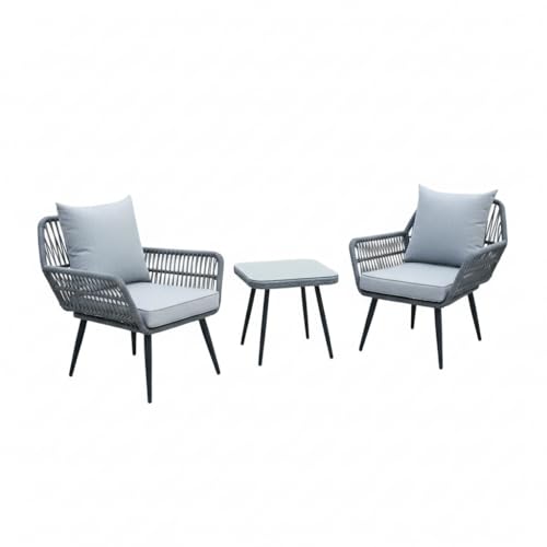 Image of LOCCUS 3 PCS Outdoor Rattan Furniture Set, Patio Wicker Bistro Chairs with Glass Table, All-Weather Conversation Set for Balcony, Terrace & Backyard (Grey)