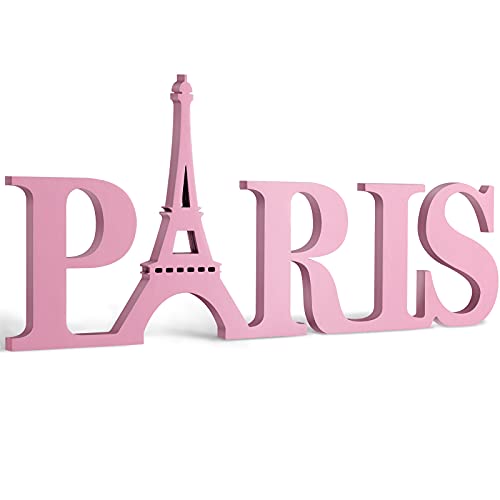 Yalikop Paris Decor for Bedroom Wooden Eiffel Tower Wall Decor Eiffel Tower Letters Wood Sign Bathroom French Room Wall Art(Pink)