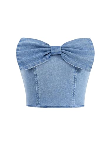 Floerns Girl's Cute Bow Strapless Denim Tube Top Zipper Back Sleeveless Y2k Bandeau
