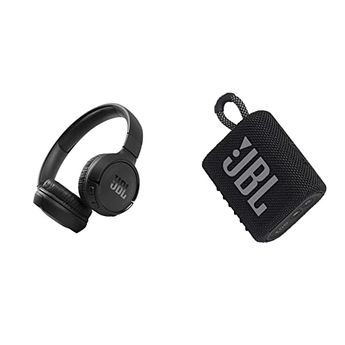 JBL Tune 510BT – Auriculares inalámbricos on-Ear con tecnología Bluetooth, Ligeros, cómodos y Plegables Negro & GO 3 - Altavoz inalámbrico portátil con Bluetooth, Resistente al Agua y al Polvo Negro