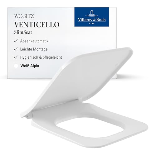 Villeroy & Boch Venticello WC-Sitz SlimSeat - Toilettendeckel mit Absenkautomatik - Abnehmbarer, bruchsicherer Toilettensitz aus Duroplast - Wrap-over Design in eckiger-Form - Weiß Alpin, glänzend