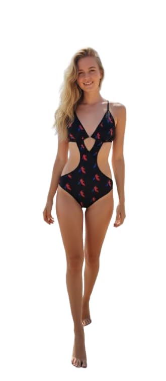 fabricsout Women's Black One-Piece Swimsuit, Cut-Out Sides, V-Neck, Parrot Print, Spaghetti Strap-picture-45