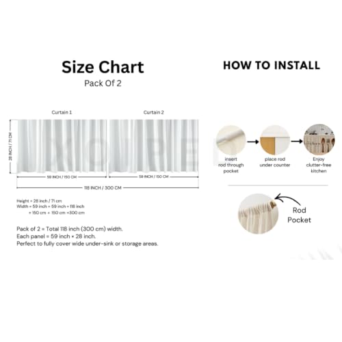 Image of Under Sink & Counter Curtain for Modular Kitchen - Printed Fabric Rod Pocket Hanging Skirt, Washable Under-Counter Cover, Pack of 2 Panels (Each Panel: 150 x 70 cm) (Cream Sink)