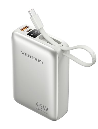 VENTION Mini Power Bank 45 W 20000 mAh con cavo USB-C integrato, PD/PPS, caricabatterie rapido, batterie esterne per cellulare con display a LED per iPhone 16/15/14, Galaxy S25/S24, iPad, laptop