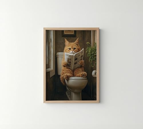 Image of Cat 3 on Toilet Wood Framed Wall Art Print Poster, Dog Bathroom Humor Decor Posters Prints for Restroom Home Picture Painting Artwork Gallery 7 (Cat 3, 11 inchW x 14 inchL, Wood Frame)