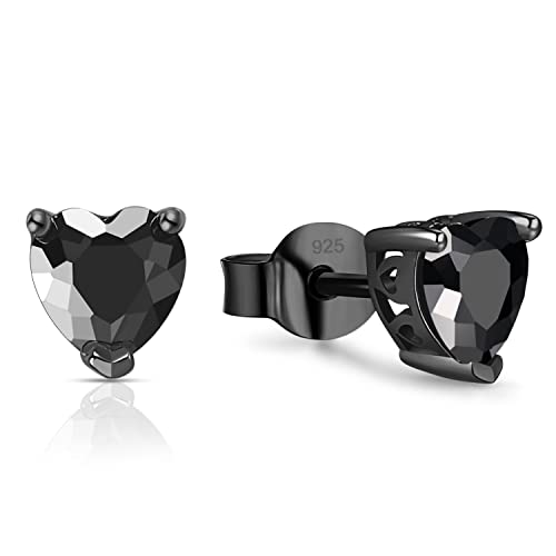 Foruiston 925 Sterling Silver Black Stud Earrings For Women And Men, Solitaire Cubic Zirconia Round & Princess Cut Heart-Shaped, 6Mm (Heart-Shaped, Black Heart) #TOP4
