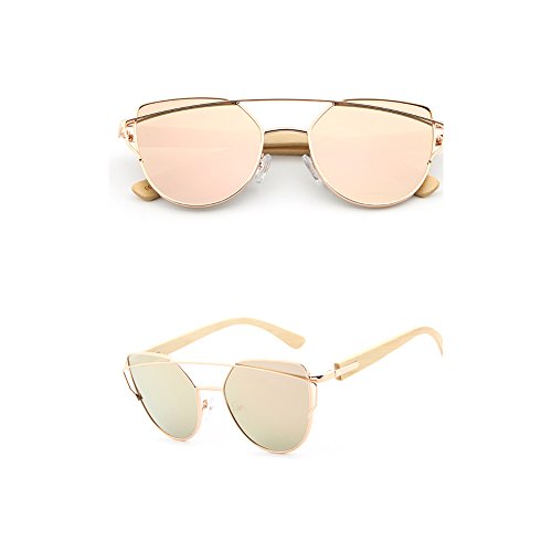 Women's Drama Pink Mirrored Lens Cat Eye Bamboo Sunglasses