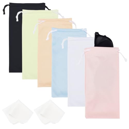 CREATCABIN 12Pcs 6 Colors Microfiber Sunglasses Glasses Case Pouches Portable Drawstring Storage Bag Travel Soft Eyeglass Pouch Holder Protector Bag Set Gifts for Men Women Store Gadgets 7.1x3.5 Inch