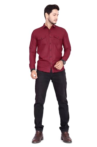 Image of Men's Cotton Spread Collar Full Sleeve Regular Fit Solid Casual Shirt with Double Pockets - Stylish Comfortable Shirt for Everyday Wear