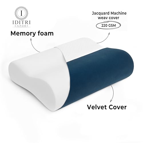 Image of Orthopedic Memory Foam Pillow Set of 2, Cervical Contour for Shoulder Pain Relief, Breathable Jacquard Velvet Cover with Protective Inner Case, Blue, 60 x 35 x 12 cm