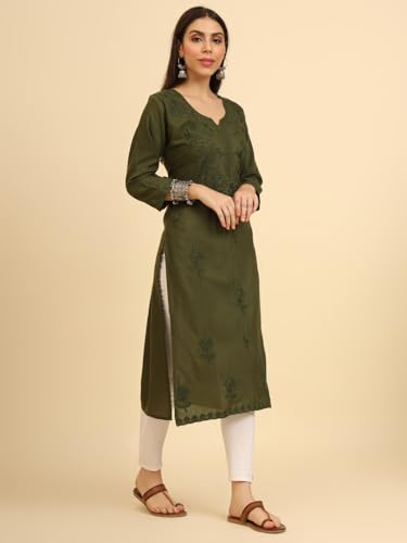 Image of Women's Chikankari-Lucknowi Embroidered Work | 3 /4 Sleeve | Knee Length | Round Neck | Cotton Fabric | Straight Kurta