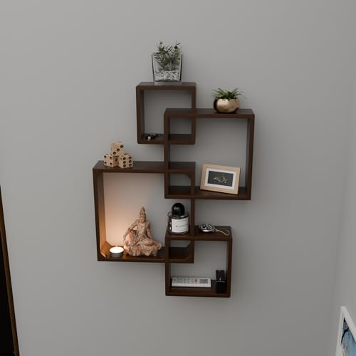 Image of ETIQUETTE ART Engineered Wood Floating Cube Shelves - Intersecting Wall Mounted Box Shelves for Bedrooms, Living Rooms & More - Set of 4 (Brown)