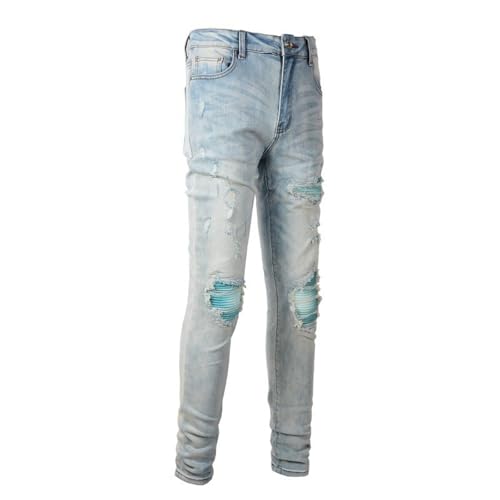 Jeans Pants Trousers Denim Light Blue Ripped Distressed Hole Stretch Slim Fit Trendy Street Casual Small Straight Leg for Men(Light Blue,29)3
