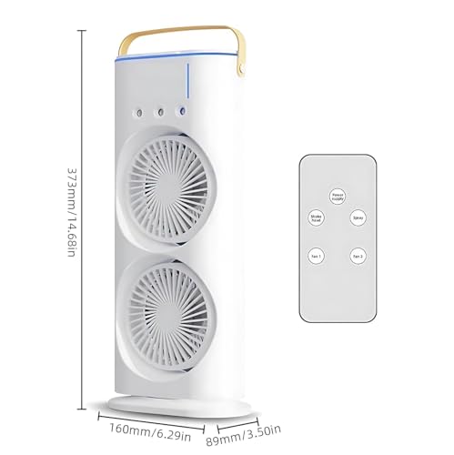 Image of Portable Mini Air Cooler Fan with Water Tank, USB Rechargeable, 3 Speed, Mist Spray, RGB Light & Remote Control - Personal Desktop Cooling Fan for Home /Office (Double Fan)