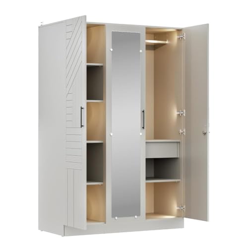Image of Wakefit Wardrobe for Bedroom | 3 Yr Warranty | Cupboard for Bedroom, Almirah, Wooden Wardrobe, Comes with LED light, Storage Drawer, Mirror & Hanger, Density:680-750kg /m, Free Installation(Tyrian-LG)