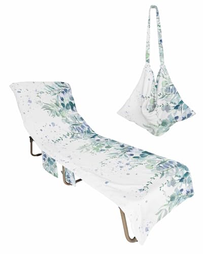Turquoise Botanical Beach Lounge Chair Towel Cover, Soft Chaise Lounge Towel with Side Pockets Patio Pool Chairs Cover for Beach/Pool Sunbathing 29x85 Spring Weeping Eucalyptus Leaves