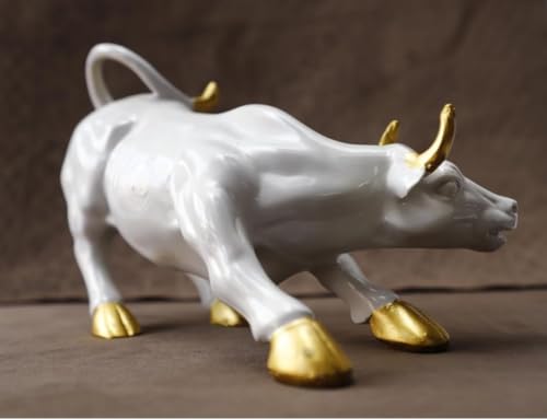 Image of UAG Exports White & Golden Gloss Geometric Charging Bull Idol | Polyresin Bull Statue for Stock Market Success, Office Desk Decor, Trading Room Showpiece Gifting (9 Inch)