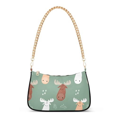 Cute Cartoon Moose Sage Green Print Shoulder Purses for Women Moon Purse Hobo Bags Chain Strap Zipper Cute Purse Bag