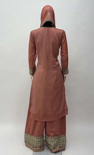Image of Miss Ethnik Women's Peach Chinon Stitched Top With Stitched Chinon Bottom and Chinon Dupatta Full Sleeve Embroidered Straight Top (ME-1192)