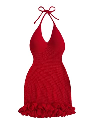 Image of GORGLITTER Women's Vacation Outfit Crochet Halter Knit Bubble Mini Dress Sexy Beach Cruise Summer Miami Resort Outfits
