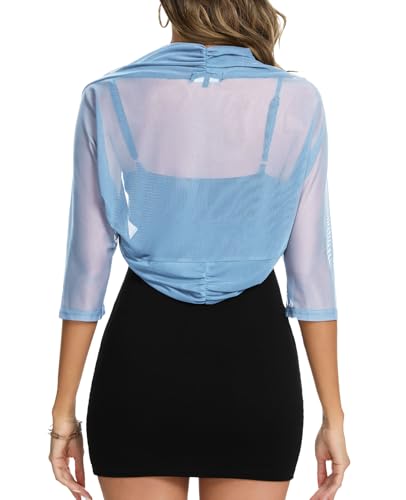 Image of MINTLIMIT Women's Elegant Sheer Mesh Shrug Bolero Batwing 3 /4 Sleeve Open Front Cropped Cardigan Shrugs for Evening Dress