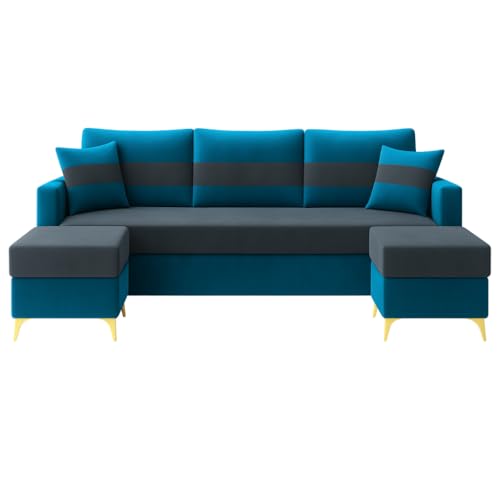 Image of SOCOZI Bravelle 5 Seater L Shape Sofa Set with 2 Movable Ottomans | Flexible Layout | Soft Velvet Suede Fabric|Modern Sofa with Golden Legs | Plush Comfort Cushions for Living Room (Teal Blue-Grey)