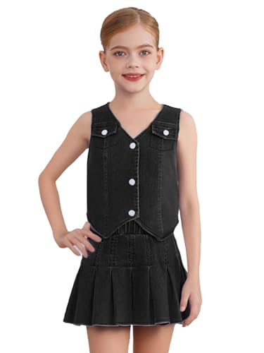 Aislor Kids Girls Asymmetrical Hem Denim Vest Button Down Crop Tops Jeans Waistcoat Gilets with Pleated Denim Skirt Set