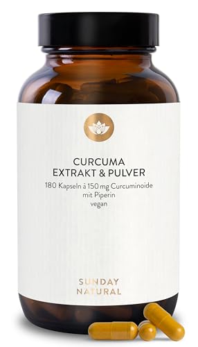 SUNDAY NATURAL® Kurkuma Kapseln hochdosiert – 10.669 mg Kurkuma pro Kapseln - 180 Curcuma Kapseln hochdosiert - 150 mg Curcumin – Curcuma Extrakt + Bio-Piperin – Laborgeprüft, vegan