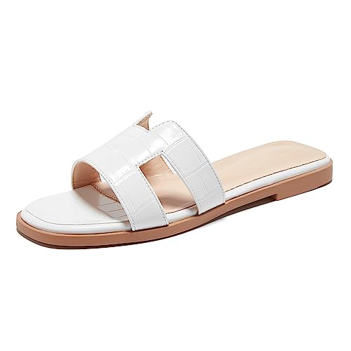 TRULAND H Strap Flat Slide Sandals for Women - Cute Fashion Open Square Toe Summer Dressy Sandals