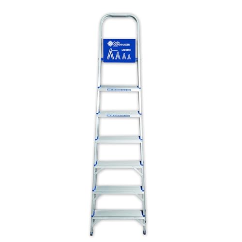 Image of Casa Copenhagen Designed in Denmark, 7-Step Foldable Aluminium Ladder Laser Cut with Super Advance Sure-Hinge Technology,7 Years Warranty - Blue