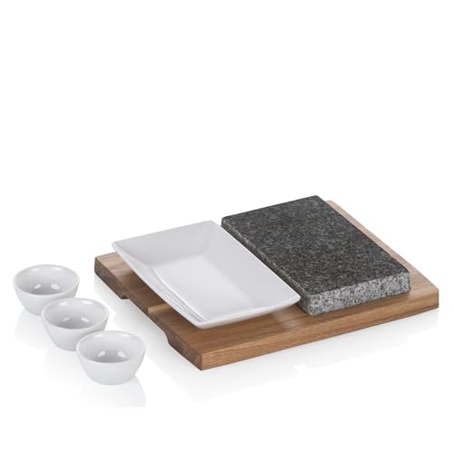 kela Set de 6 grilles en pierre, pierre chaude avec plat de service, coupelle & assiette, planche à steak en pierre de lave, Hot Stone Grill, COUNTRY