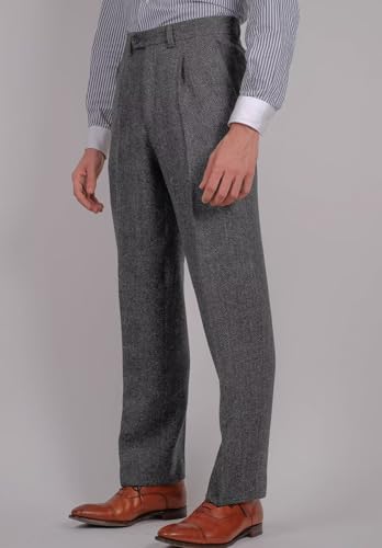 Mens Tweed Dress Pants Pleated Slim Fit Slacks with Button-Zipper Closure for Wedding3
