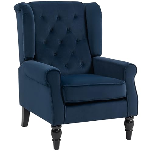 HOMCOM Retro Accent Chair, Velvet Wingback Armchair with Wood Frame Button Tufted Design for Living Room Bedroom, Dark Blue