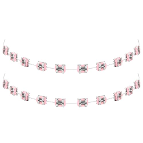TrelaCo 1 Pack Fake Braces Artificial Tooth Decoration with Metal Wires Metal Bracket and Orthodontic Ligature Ties Practice Props for Dental Students Orthodontist Explain Props(Pink Without Hook)