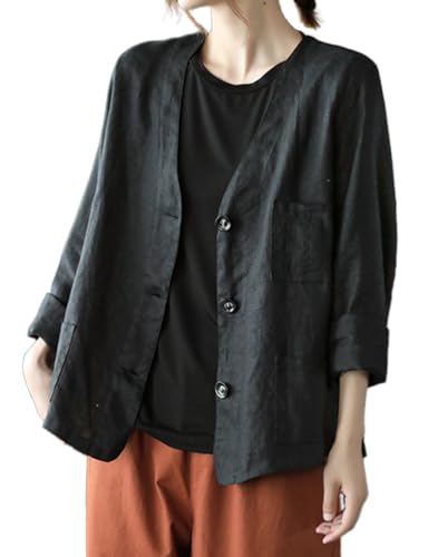 Mywinway Linen Blazer Women Summer Spring Cotton Lightweight Casual Jackets Button Down Oversized Blazer