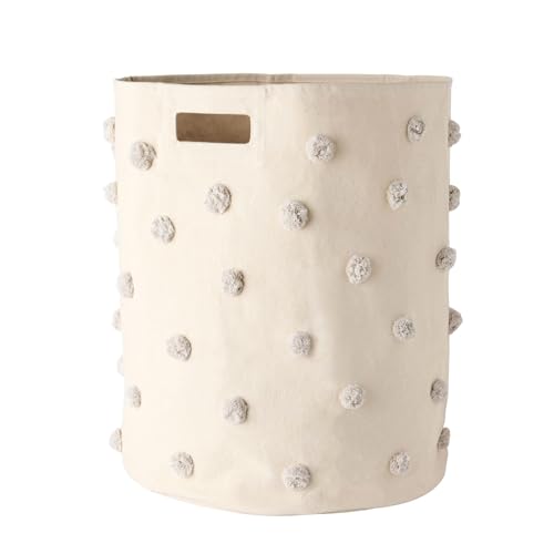 Image of PEHR Pom Pom Basket, Hamper, Grey, Cotton Canvas Storage, 18" D x 20" H | Nursery, Playroom and Home, Decorative Organizer,