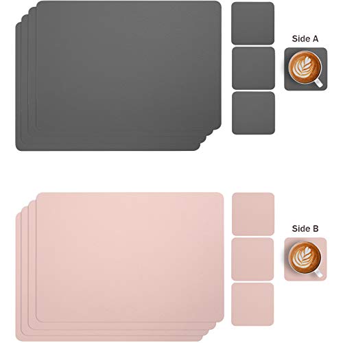 Myir JUN Tovagliette lavabili e sottovasi, in pelle, lavabili, double face, reversibili, antiscivolo, effetto pelle (grigio rosa, set di 4) - immagine 3