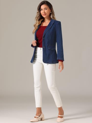 Allegra K Notched Lapel Blazer for Women's Denim Single Breasted Shoulder Pad Business Casual Jackets4