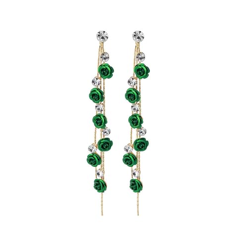 TOFBS Pendientes Mujer Rosa Roja Flor Cuelgan Los de La Cadena Cubic Zirconia Largos Pendientes Elegante Statement Gota Stud 925 Plata Pendientes De La Boda Mujeres Niñas Verde