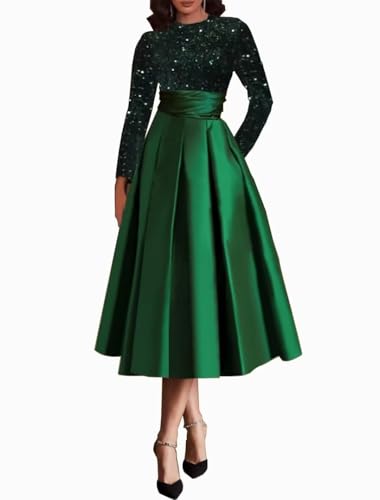 Long Sleeves Ball Gowns Prom Dresses Tea Length Sequin Satin Formal Evening Gown A Line Ball Gown with Pockets