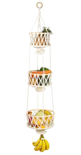 SAUNNIHEN 3 Stöckig Obstkorb Hängend Bambus Hängekorb Obst Platzsparend Obst Etagere Hängend Für Küche Obst Aufbewahrung Hängend (120 cm)