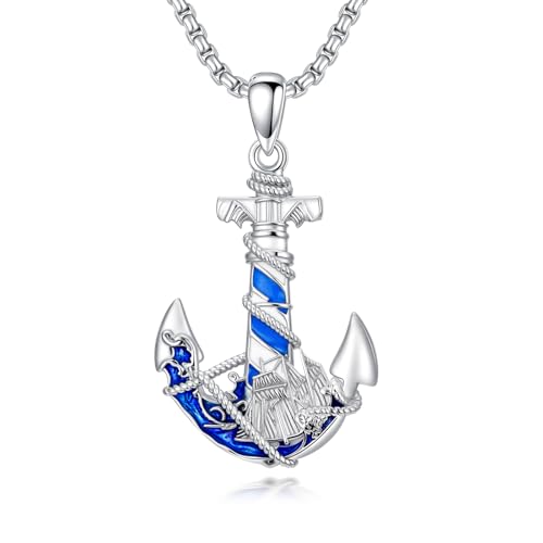 Chaîne en argent sterling 925 homme avec pendentif ancre marine et phare en argent