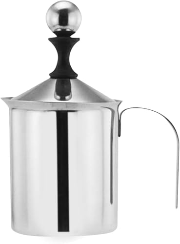 Farigrut 手動ミルクフォーム泡立て器 蓋付き 400/800ml ミルクフォーマー 泡立て器 ミルク泡立て器 ミルクジャグ ステンレススチール ハンドヘルド キッチン ホテル ステンレス製防錆 (800ml)